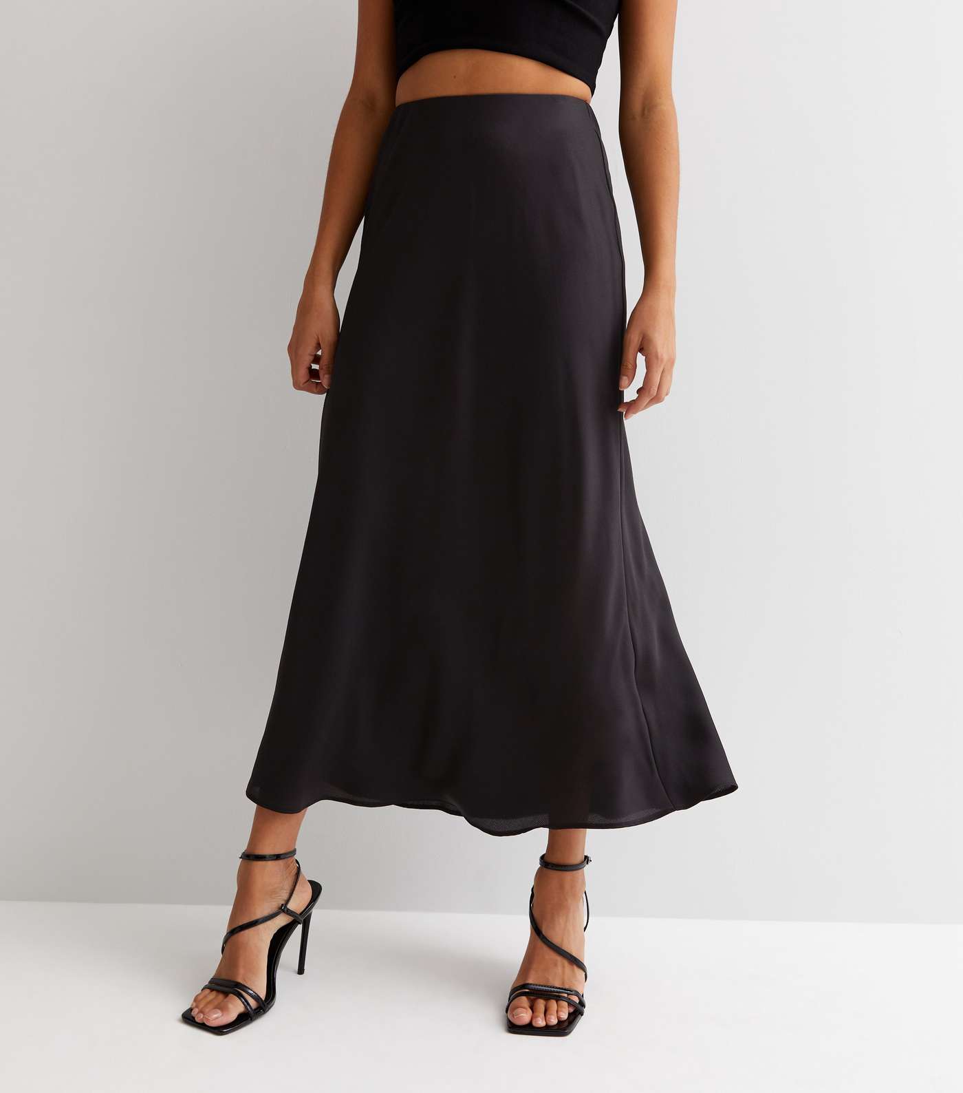 Black Satin Bias Cut Midi Skirt Image 2