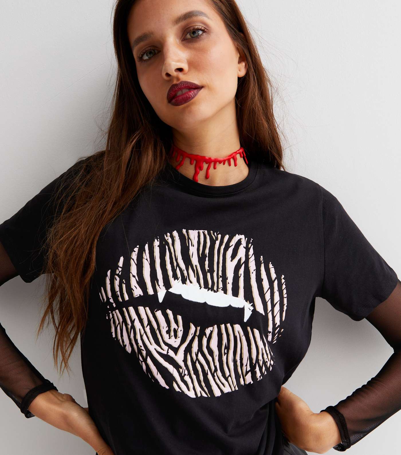 Black Zebra Print Lips and Fangs Logo T-Shirt Image 3