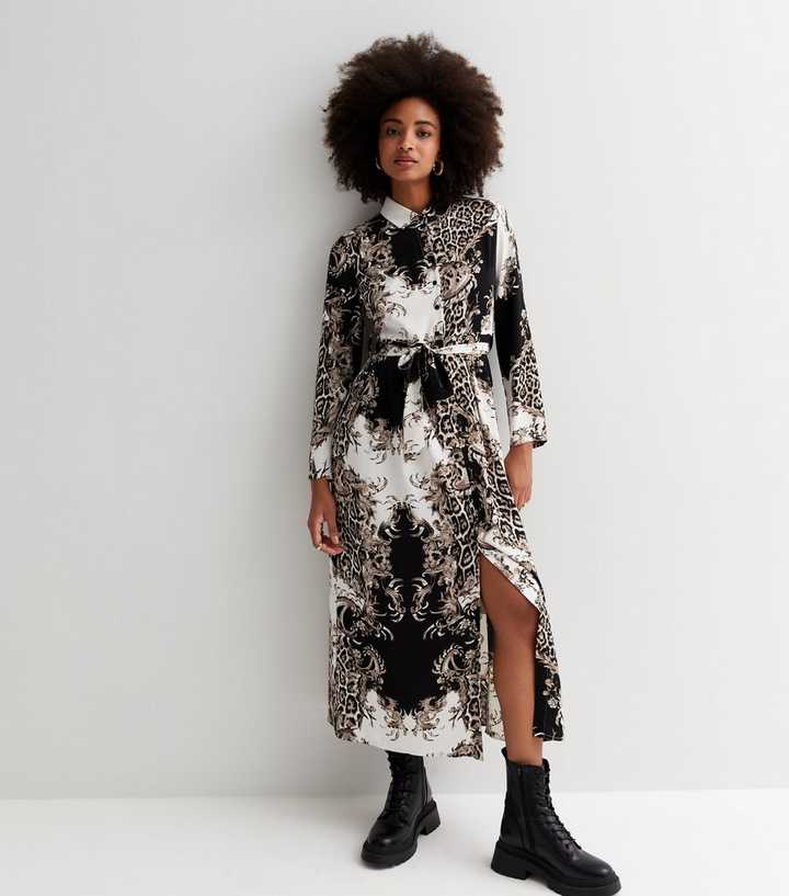 Cameo Rose Black Mixed Print Long Sleeve Midi Shirt Dress