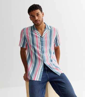 Bright Pink Stripe Revere Collar Short Sleeve Shirt