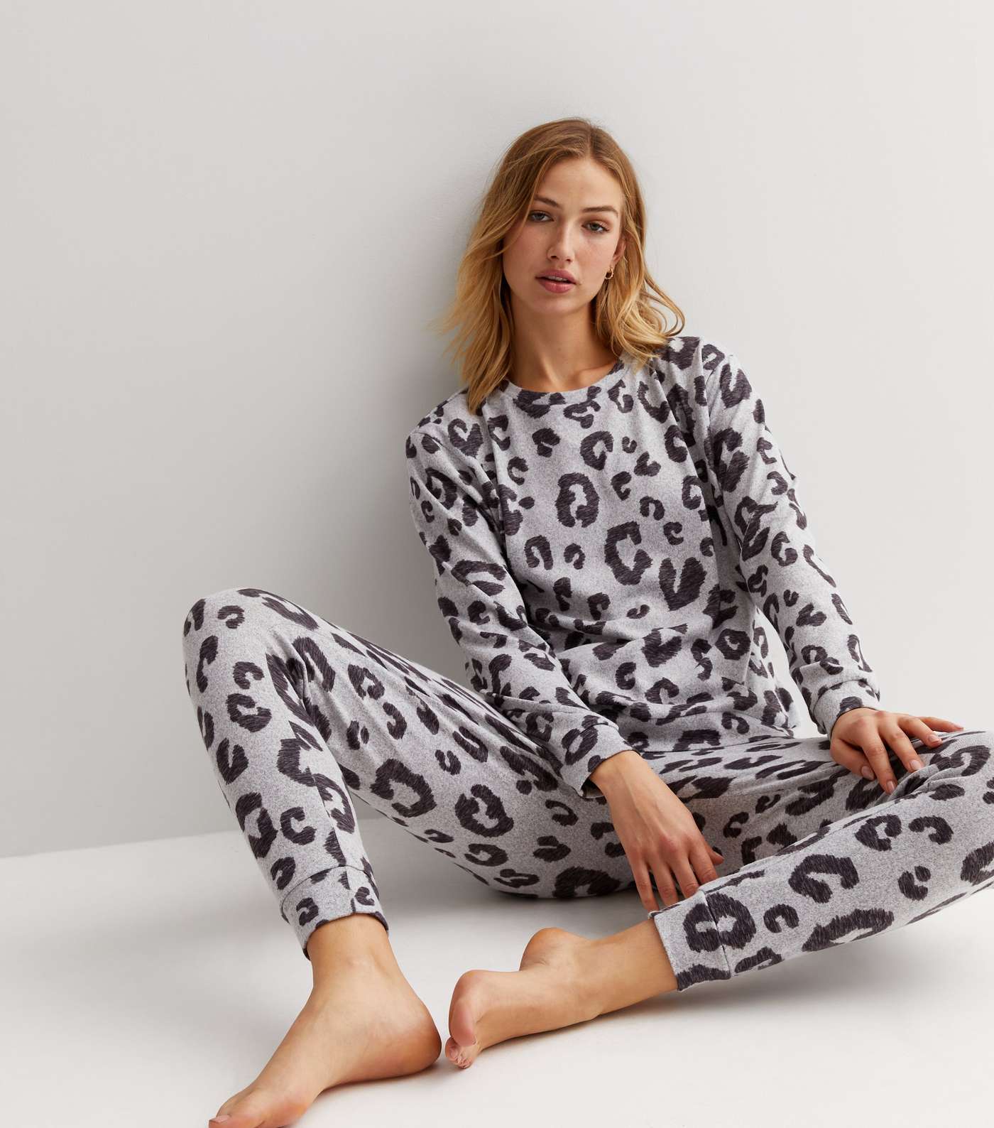 Light Grey Soft Touch Pyjama Set with Leopard Print