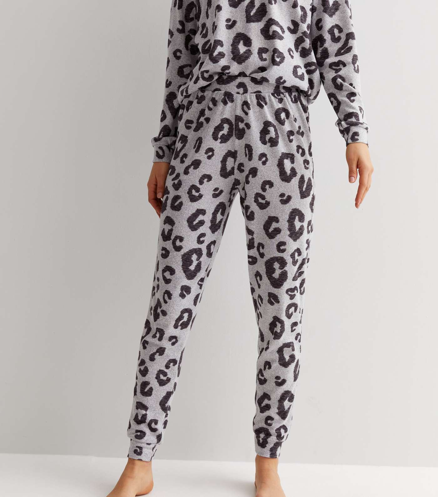 Light Grey Soft Touch Pyjama Set with Leopard Print Image 3