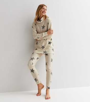 Cream Cream Cowl Neck Pyjama Set with Star Print