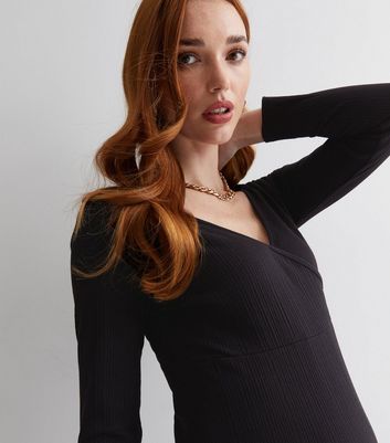 Long Sleeve Black Ribbed Maternity & Nursing Midi Dress