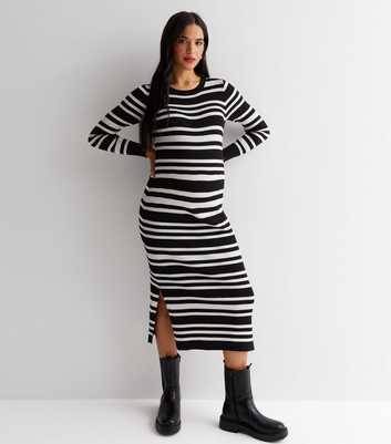 Maternity Black Stripe Ribbed Knit Long Sleeve Midi Dress
