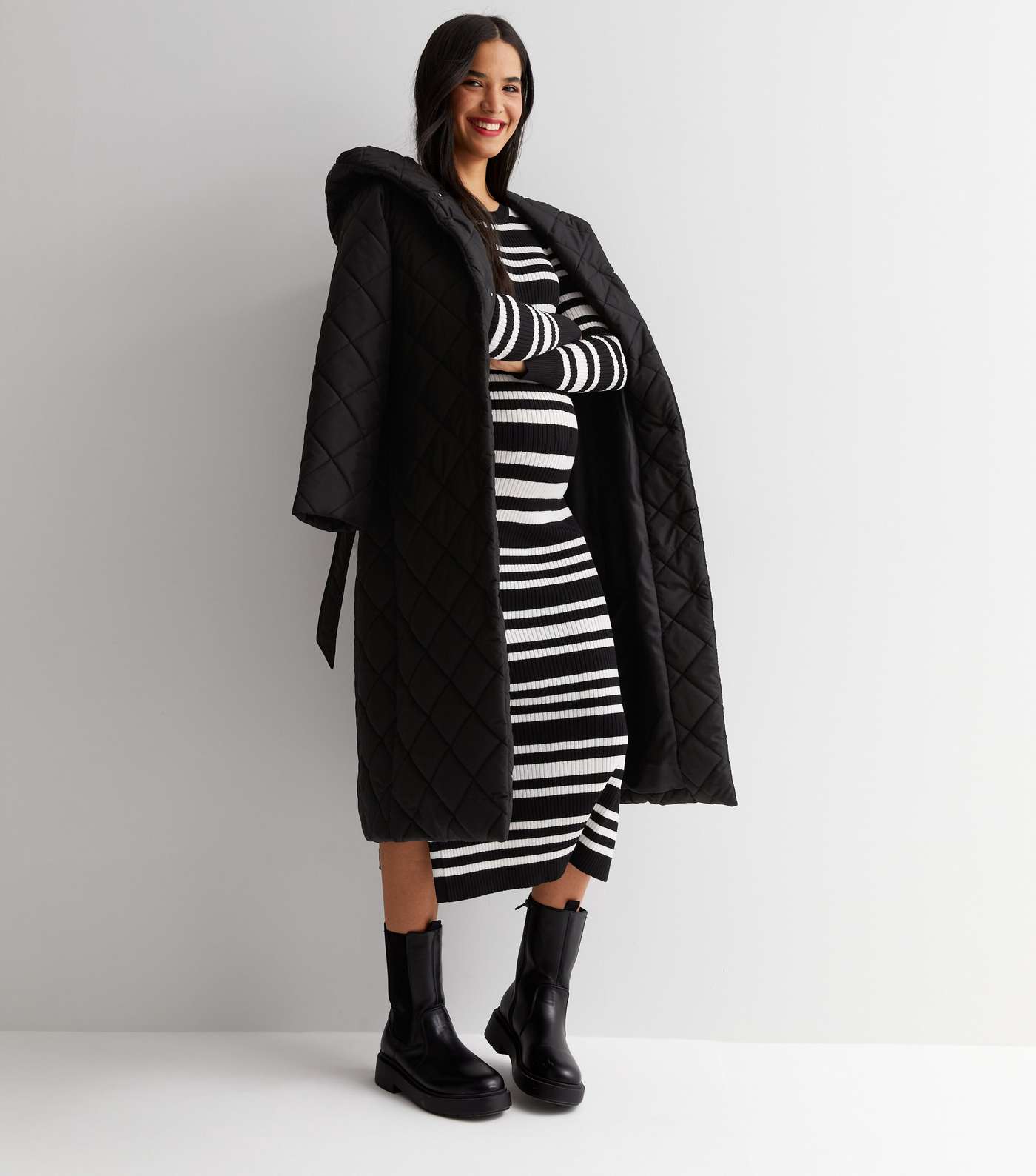 Maternity Black Stripe Ribbed Knit Long Sleeve Midi Dress Image 2