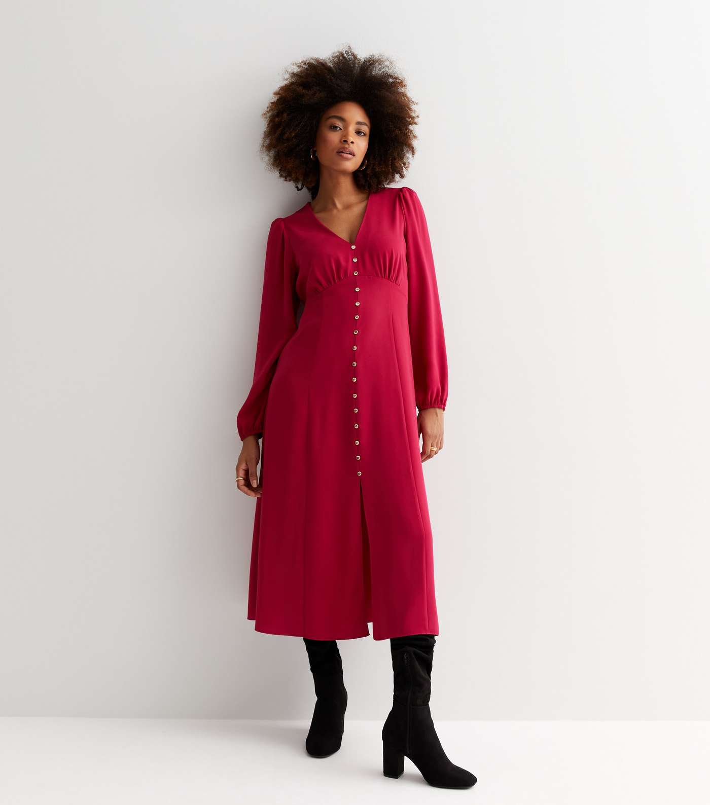 Pink V Neck Long Sleeve Button Front Maxi Dress