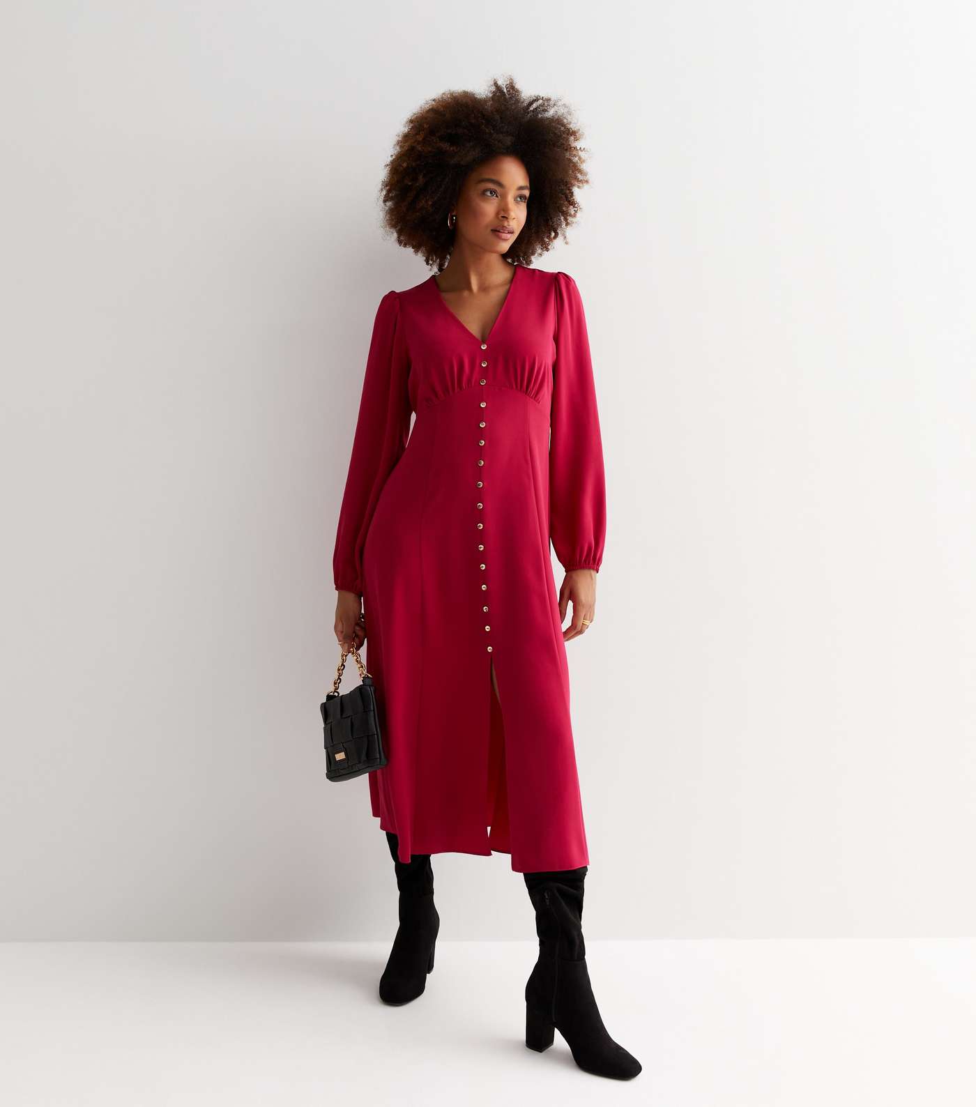 Pink V Neck Long Sleeve Button Front Maxi Dress Image 3