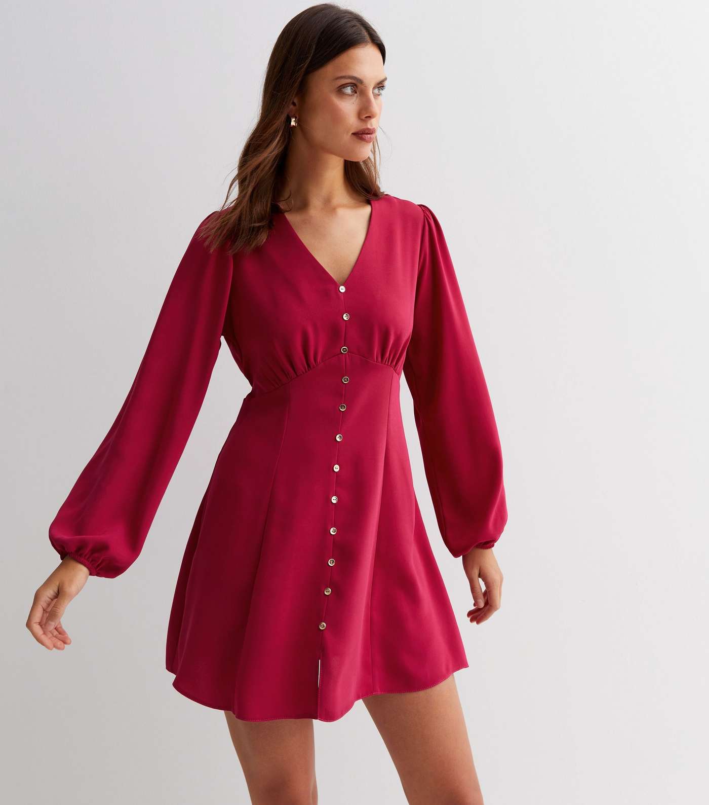 Bright Pink Puff Sleeve Button Front Mini Dress