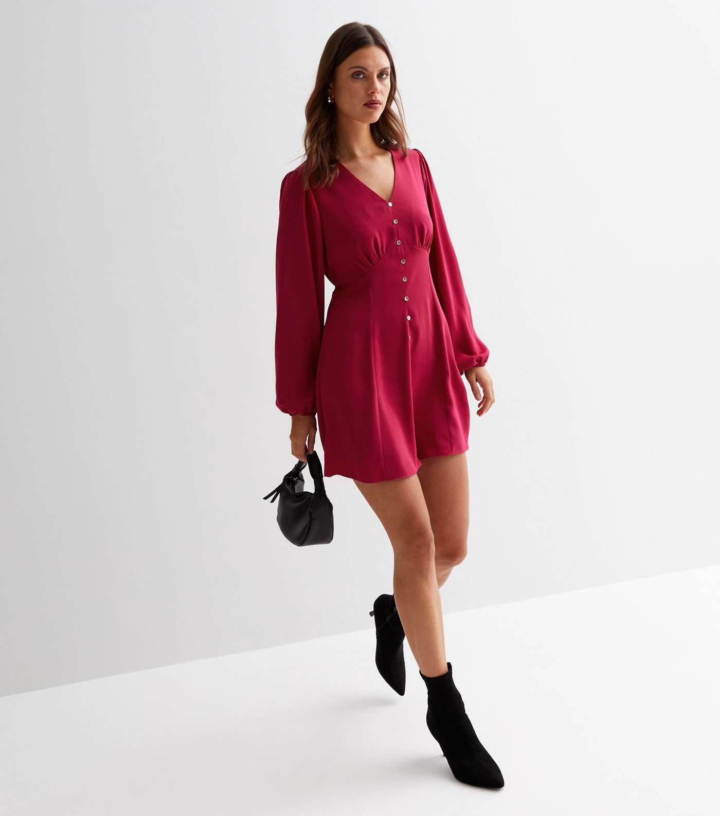 Bright Pink Puff Sleeve Button Front Mini Dress Image 3