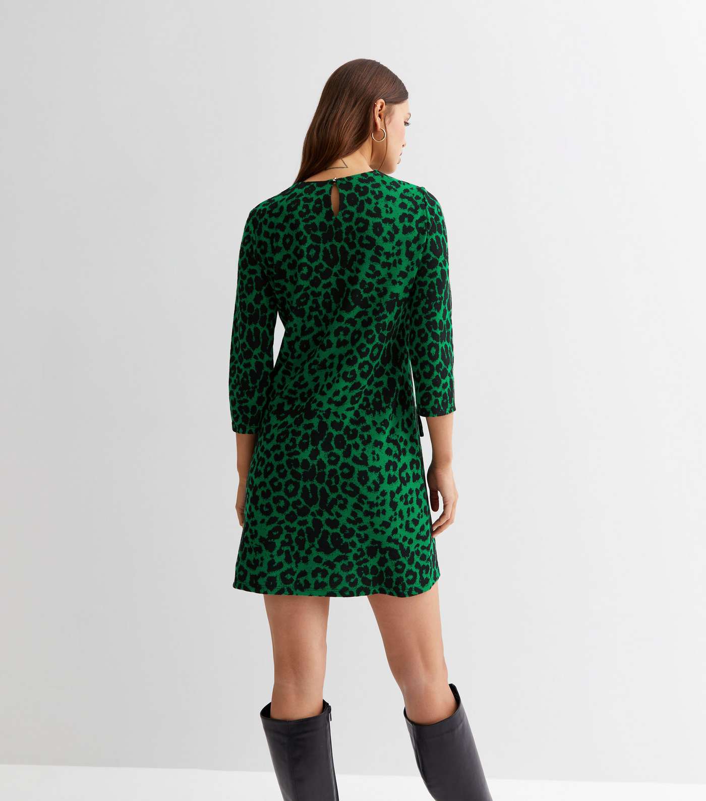 Green Animal Print Round Neck Long Sleeve Mini Dress Image 4