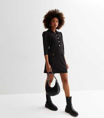Black Collar Neck 3/4 Sleeve Button Front Mini Dress