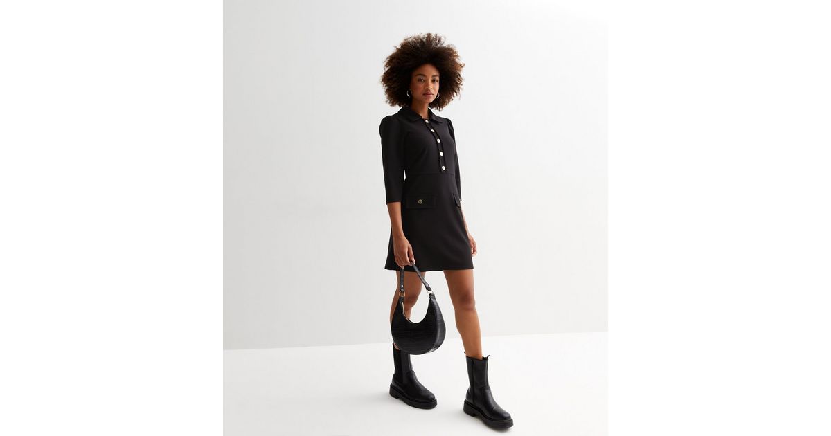 Black Collar Neck 3/4 Sleeve Button Front Mini Dress New Look
