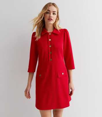 Red Collar Neck 3/4 Sleeve Button Front Mini Dress