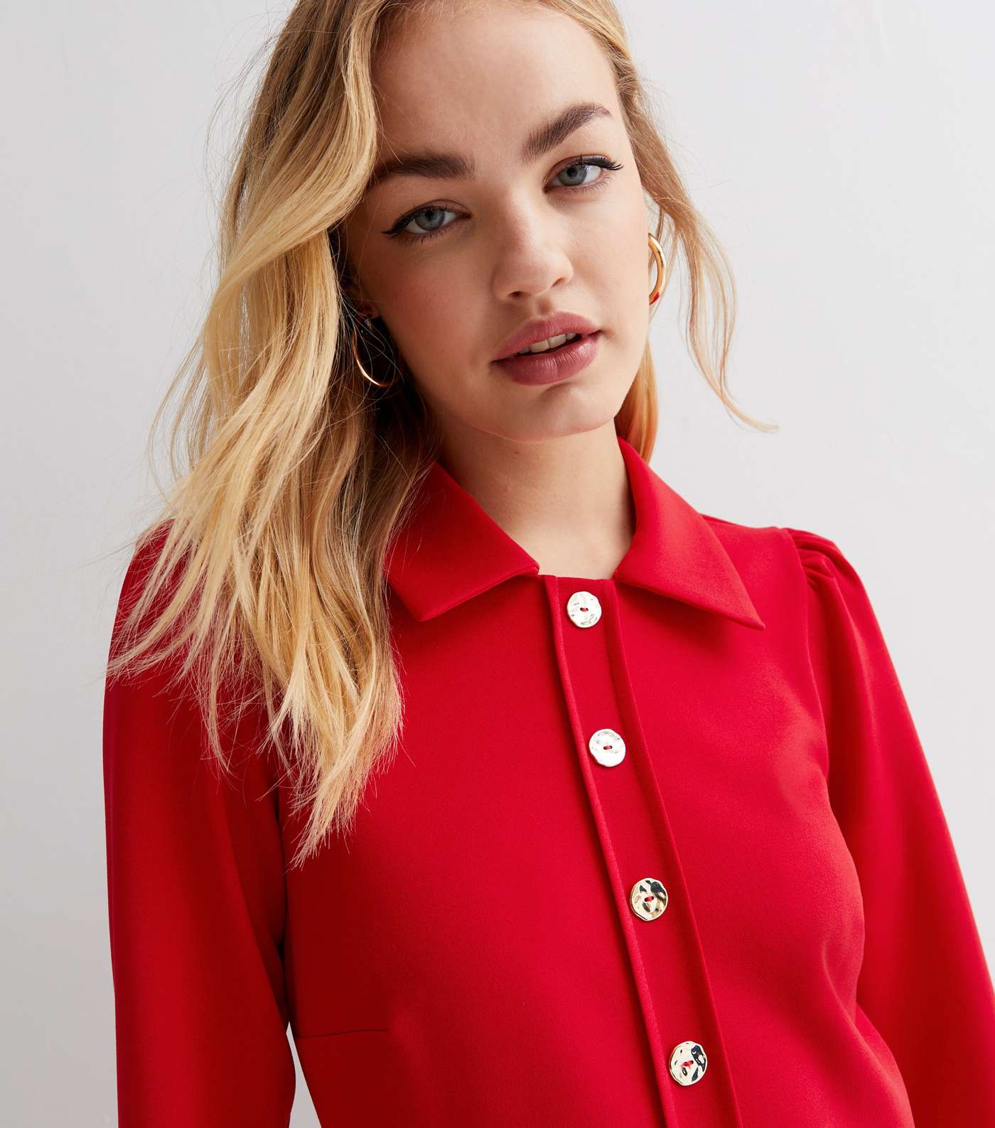 Red Collar Neck 3/4 Sleeve Button Front Mini Dress Image 3