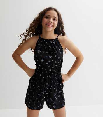 Girls Black Butterfly Halter Neck Cut Out Playsuit