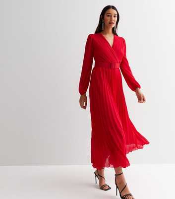 Tall Red Chiffon Pleated Belted Midi Wrap Dress