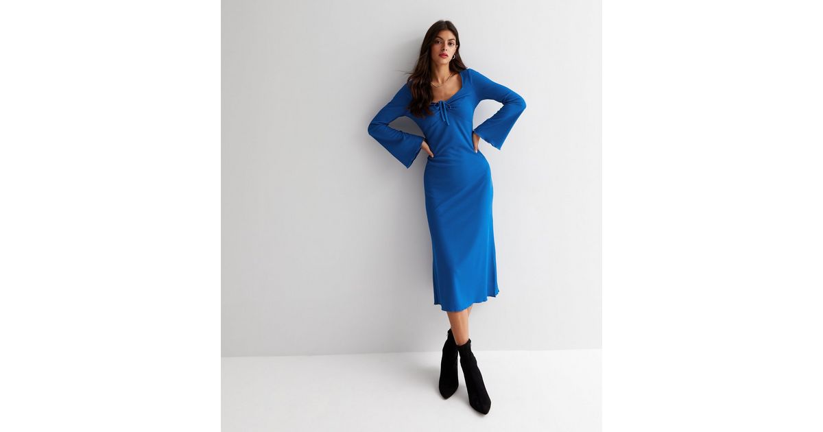 Blue Rib Knit Ruched Tie Long Flare Sleeve Midi Dress New Look