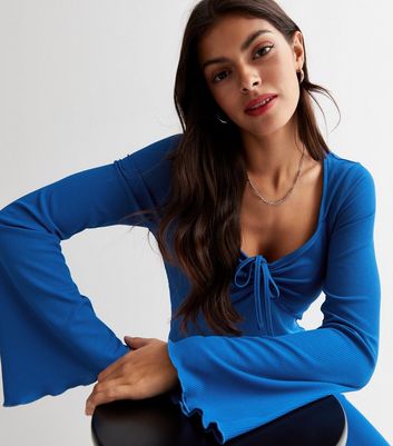Blue Rib Knit Ruched Tie Long Flare Sleeve Midi Dress | New Look