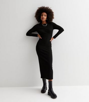 Black Ribbed Knit Crew Neck Long Sleeve Midi Bodycon Dress New Look