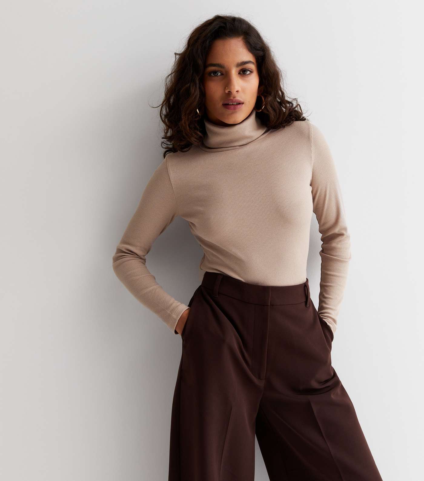 Petite Camel Ribbed Roll Neck Top