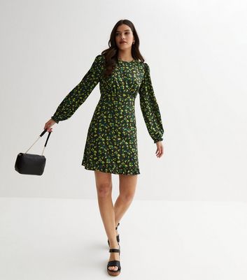 Black Floral Spot Crepe Long Puff Sleeve Mini Tea Dress