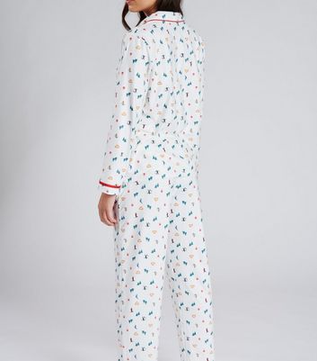 Loungeable White Shirt and Trouser Pyjama Set with Ski Print New Look