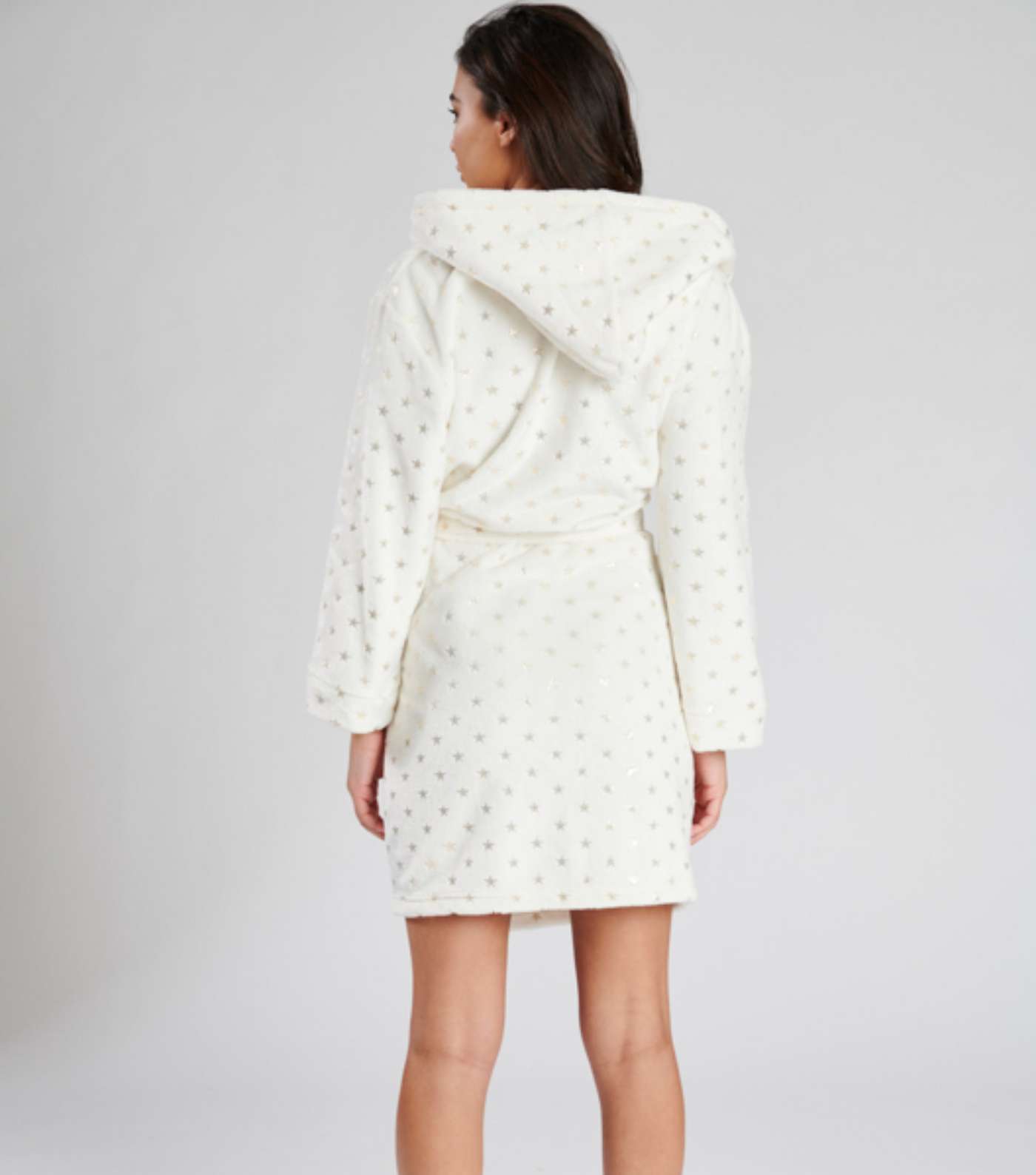 Loungeable Off White Metallic Star Fleece Hooded Dressing Gown Image 2