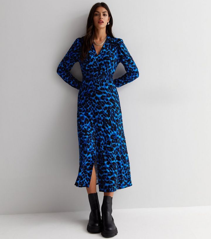 Blue Animal Print Shirred Waist Midi Dress | New Look