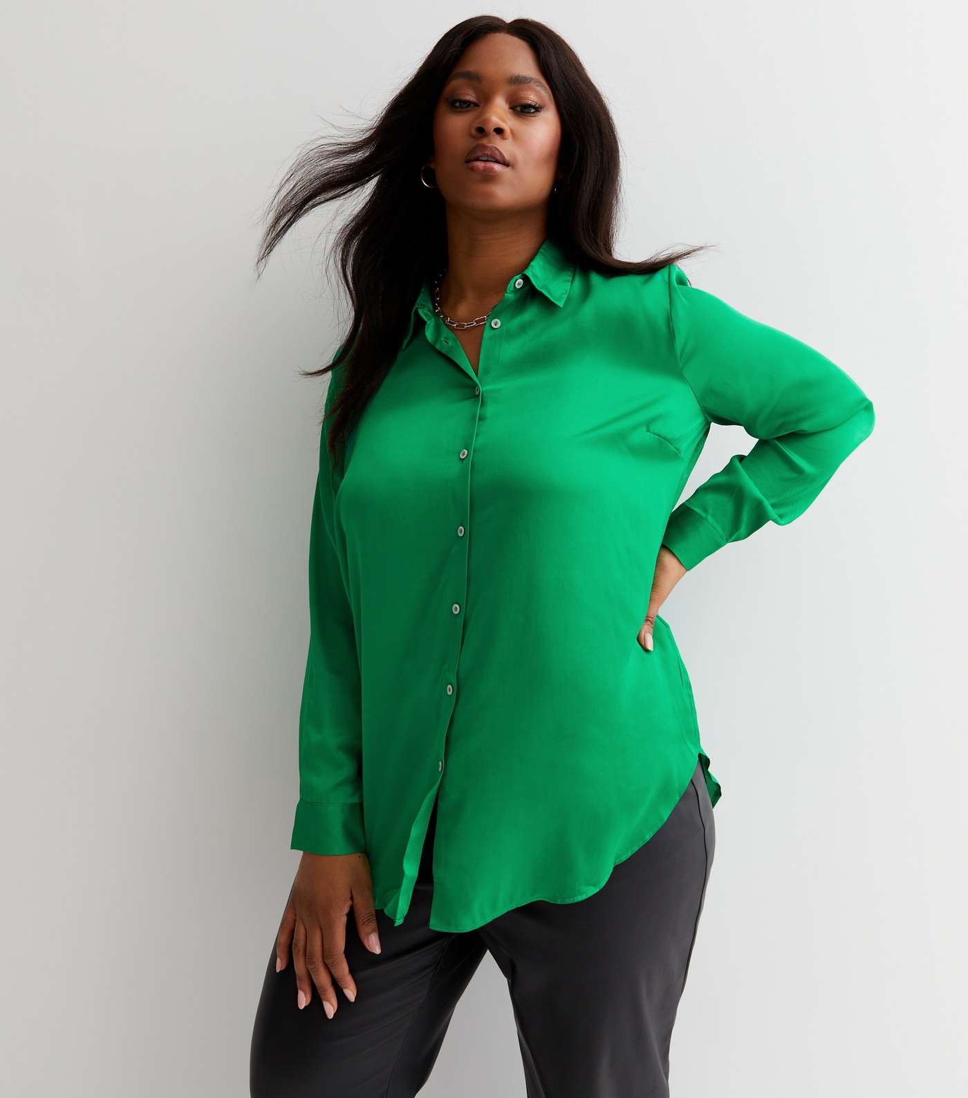 Curves Green Satin Oversized Shirt