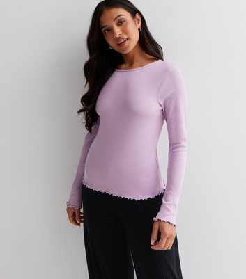 Petite Lilac Ribbed Jersey Frill Long Sleeve T-Shirt