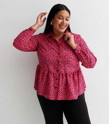Curves Pink Spot Collared Long Sleeve Peplum Blouse New Look