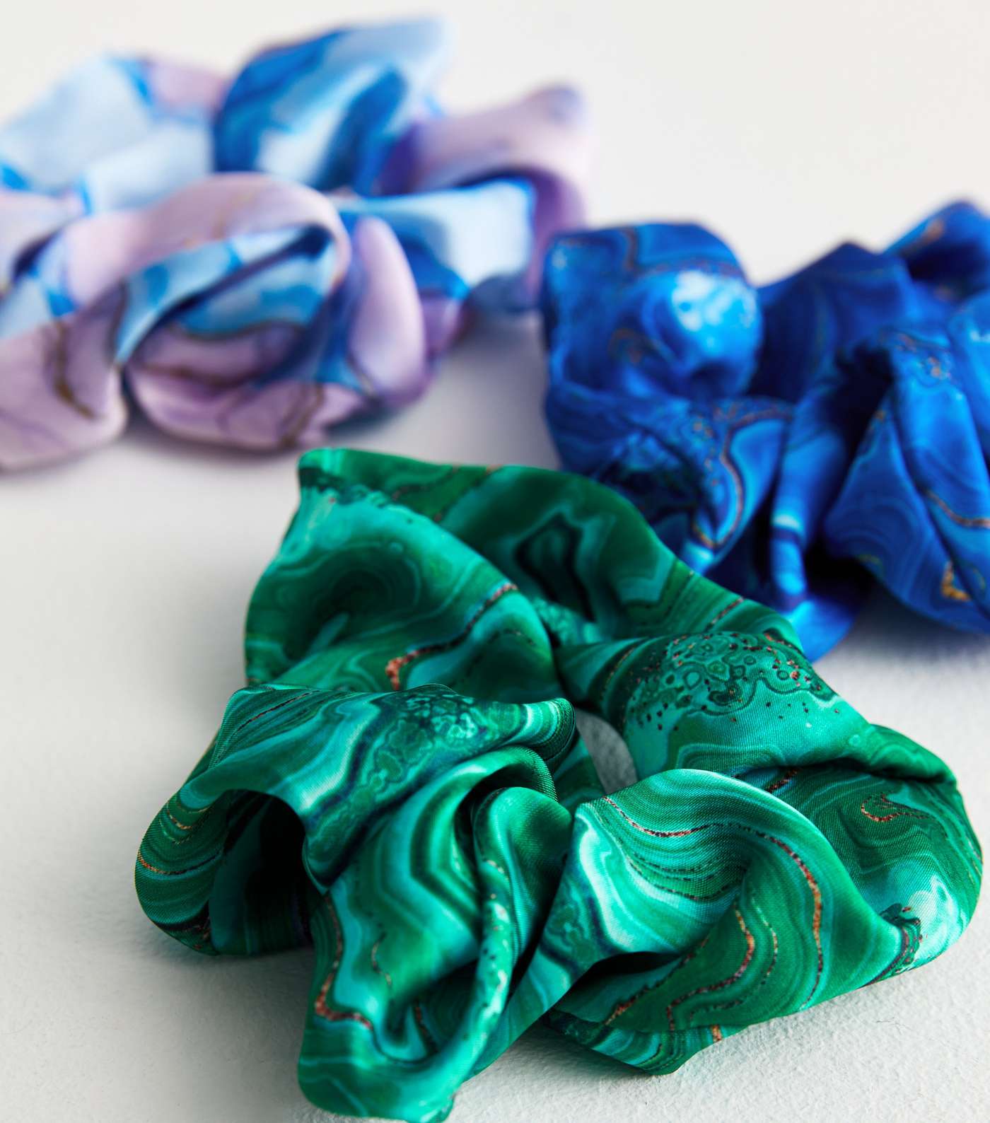 3 Pack Green Blue and Lilac Agate Scrunchies Image 2