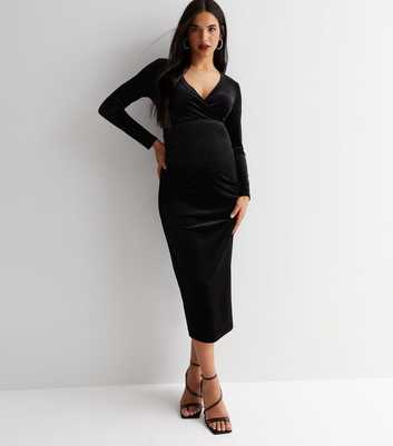 Maternity Black Velvet Long Sleeve Midi Wrap Dress