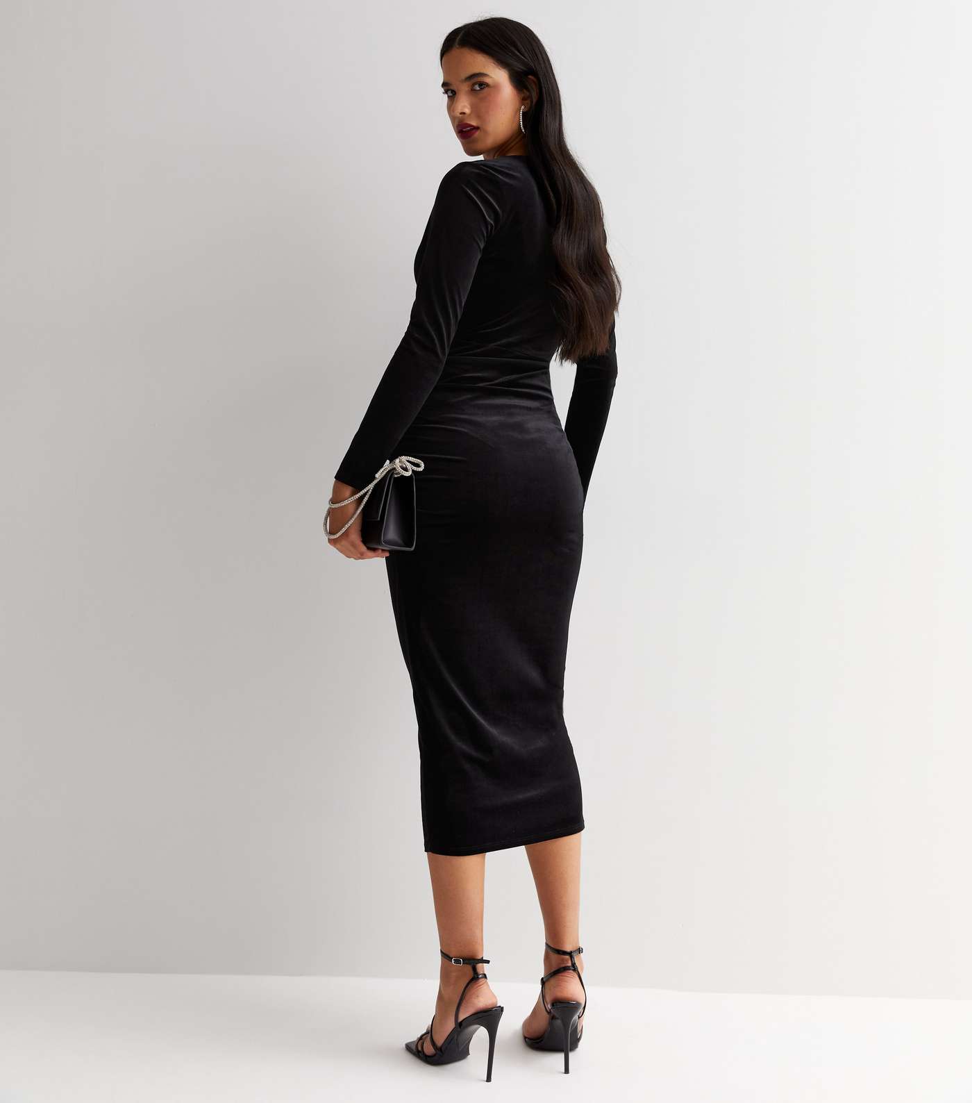 Maternity Black Velvet Long Sleeve Midi Wrap Dress Image 4