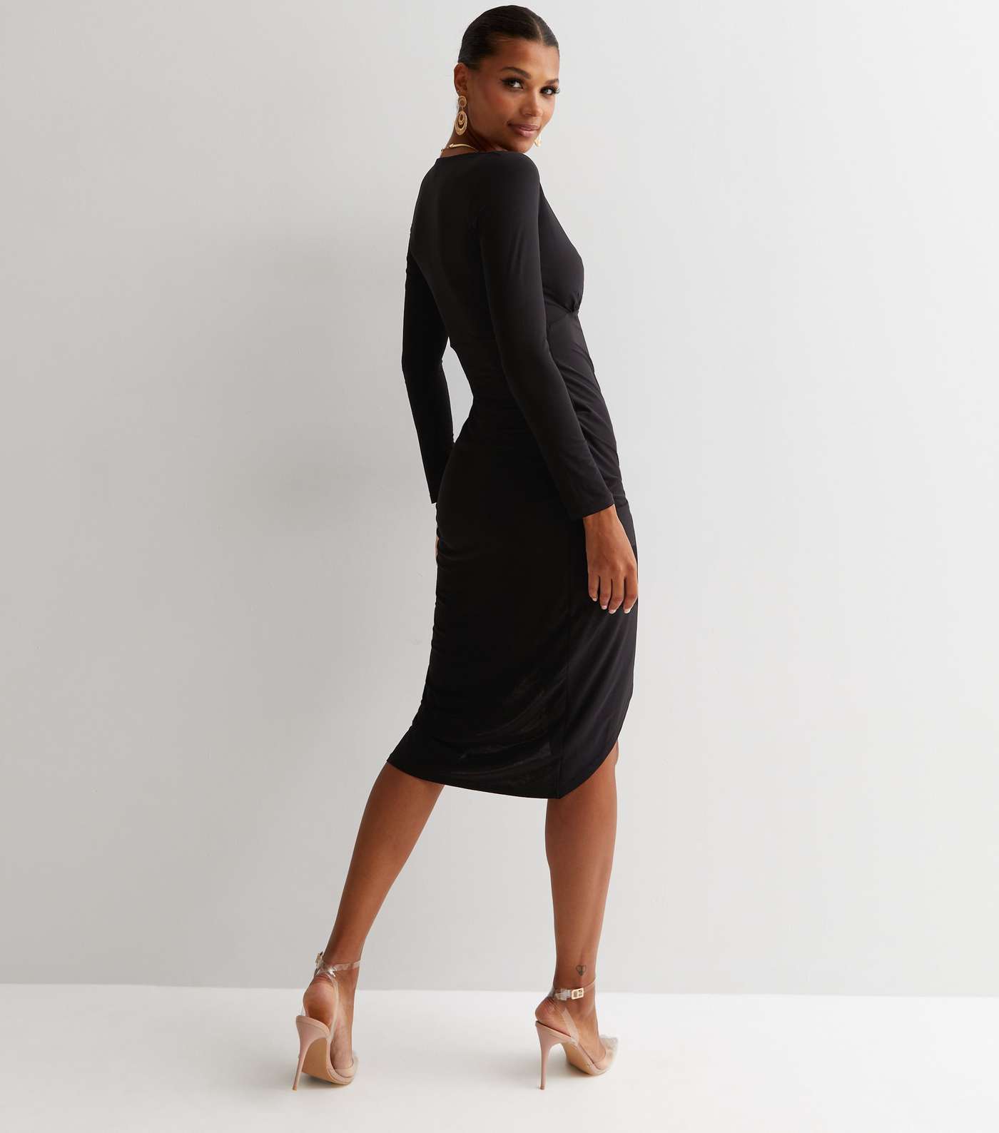 Black Ruched Long Sleeve Midi Wrap Dress Image 4