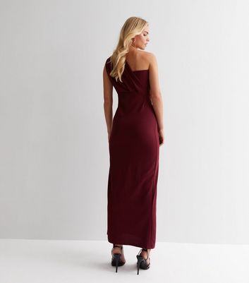 Petite Burgundy One Shoulder Slit Leg Maxi Dress New Look