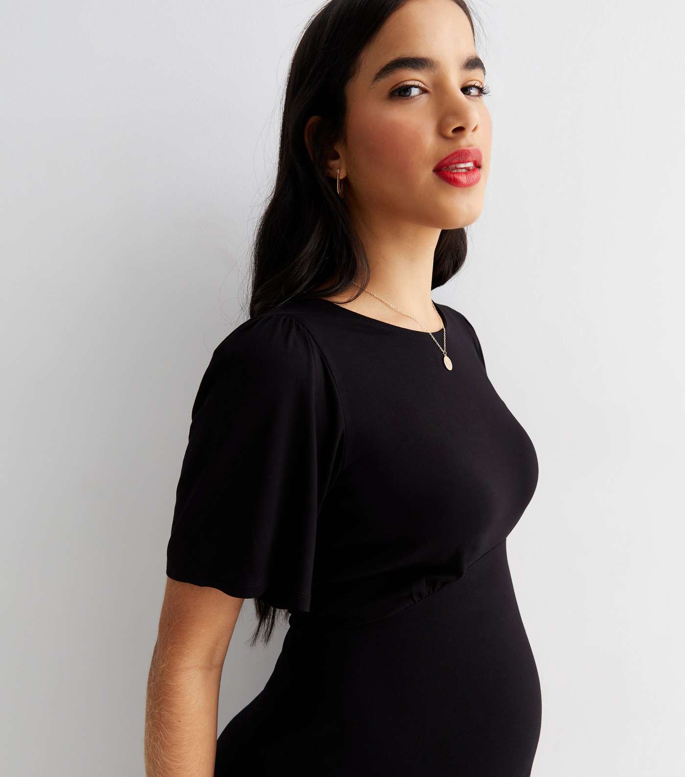 Maternity Black Round Neck Short Sleeve Midi Dress Image 2
