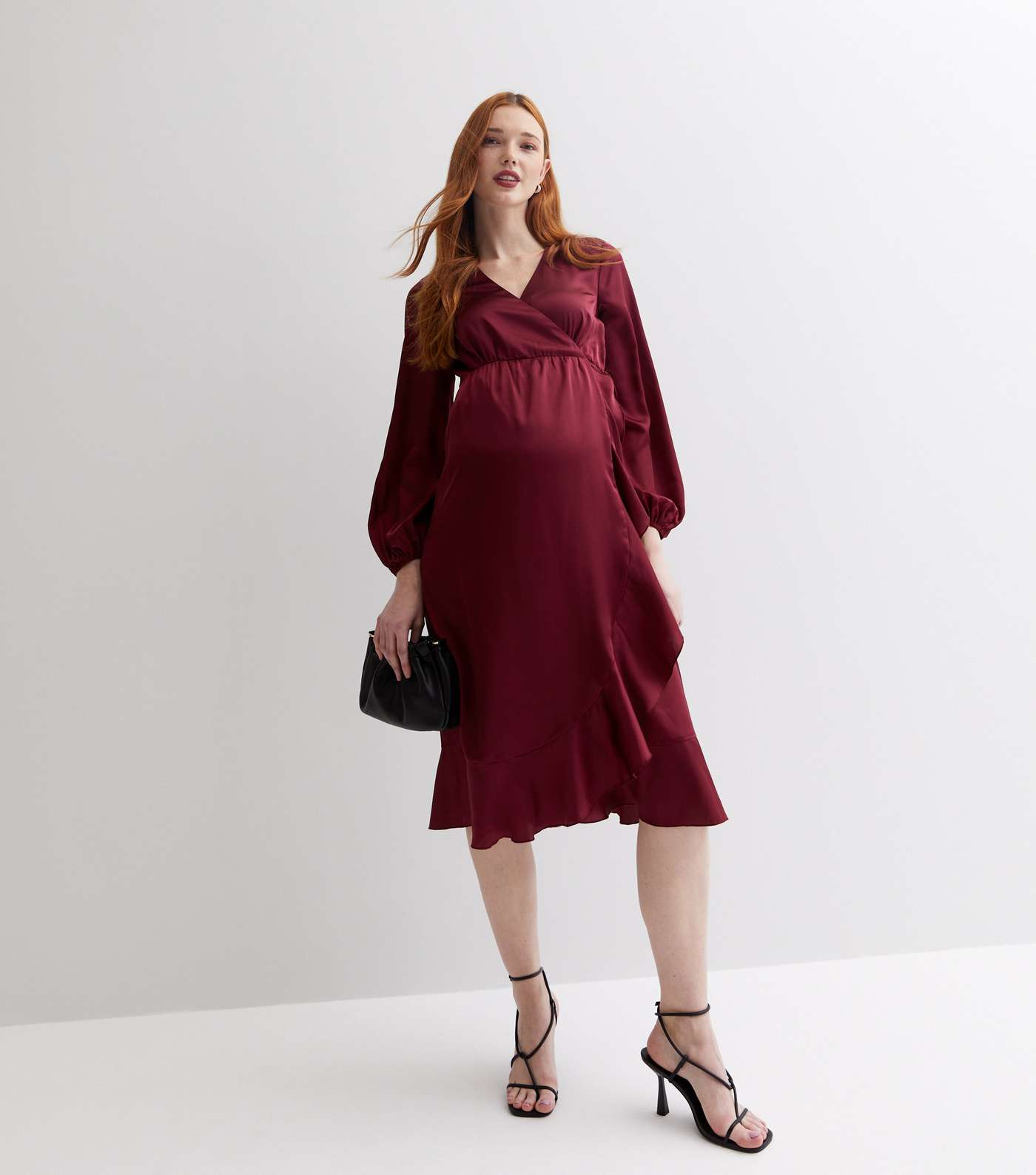 Maternity Burgundy Satin Midi Wrap Dress
