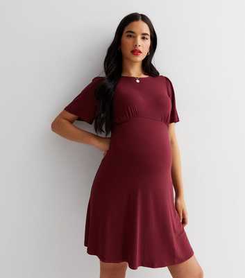 Maternity Burgundy Short Sleeve Half Moon Mini Dress