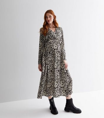 Maternity Black Leopard Print Midi Wrap Dress | New Look