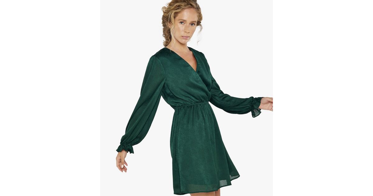 Apricot Dark Green Floral Jacquard Satin Mini Wrap Dress New Look