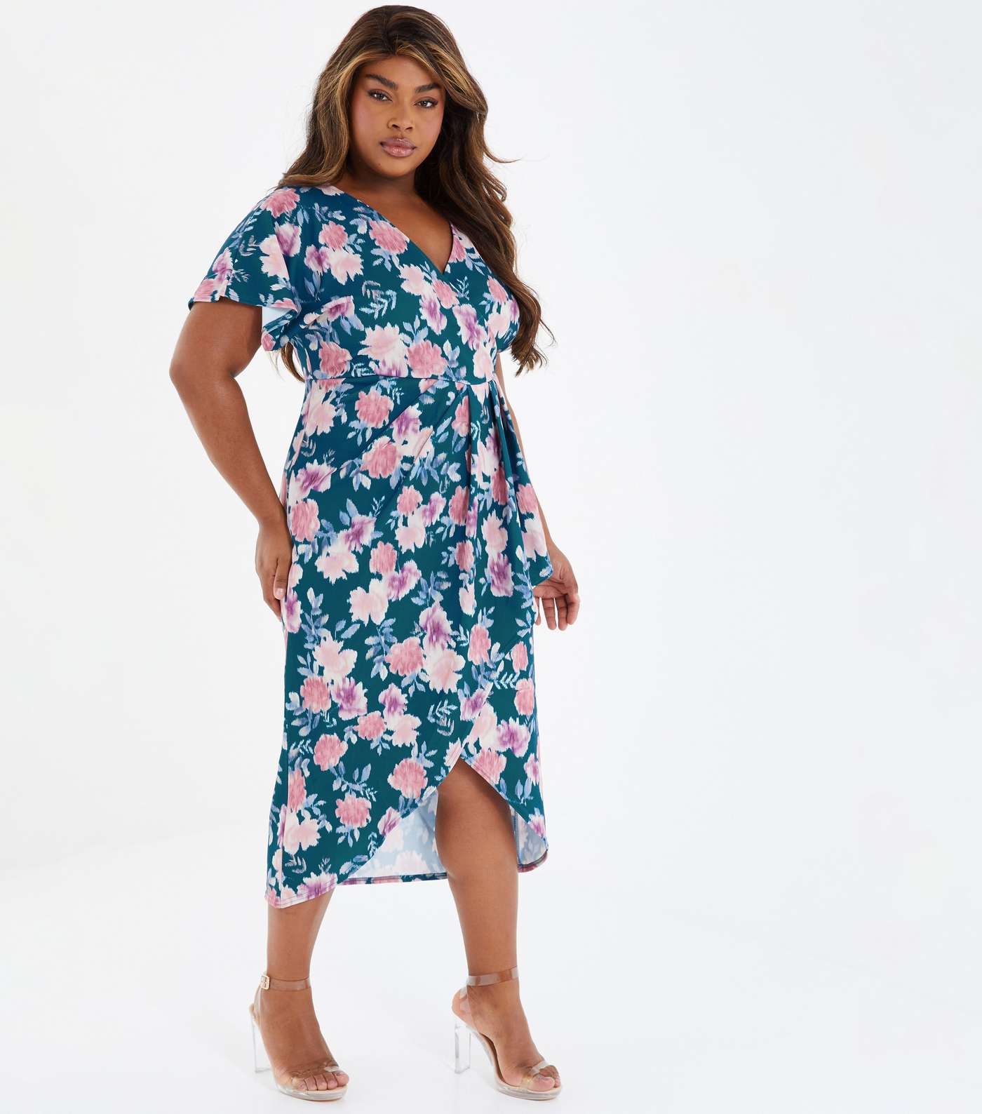 QUIZ Curves Teal Floral Midi Wrap Dress Image 2