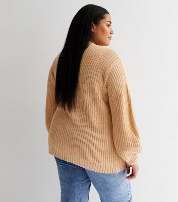 Curves Camel Knit Long Puff Sleeve Cardigan New Look