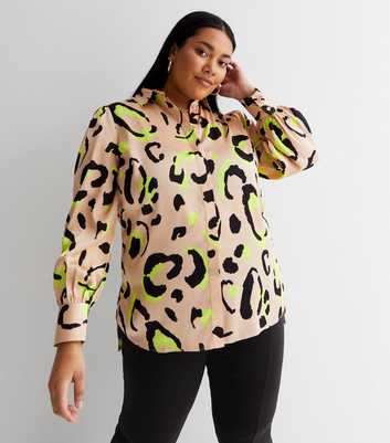 Curves Brown Animal Print Satin Oversized Shirt