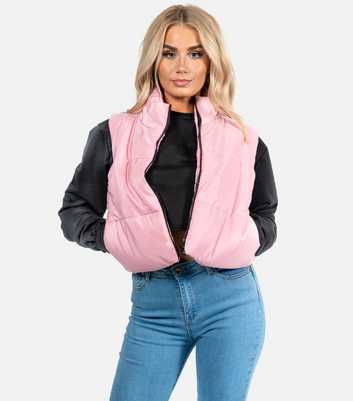 JUSTYOUROUTFIT Pink Puffer High Neck Crop Gilet