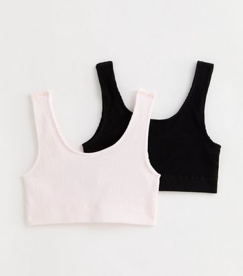 Girls 2 Pack Pale Pink and Black Ribbed Scoop Neck Seamless Crop Vests New Look