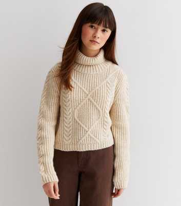 Girls Cream Cable Knit Roll Neck Jumper