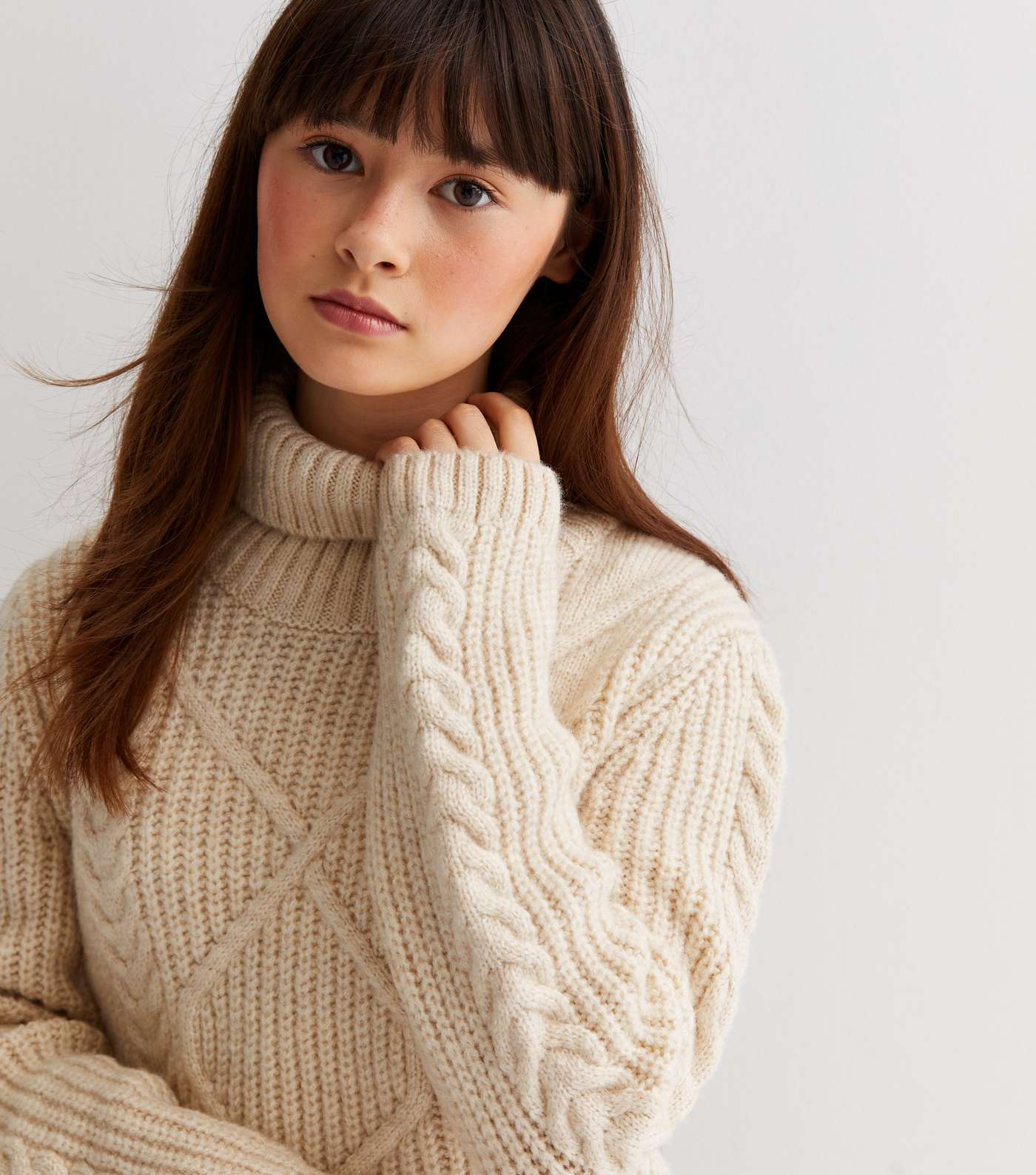 Girls Cream Cable Knit Roll Neck Jumper Image 3