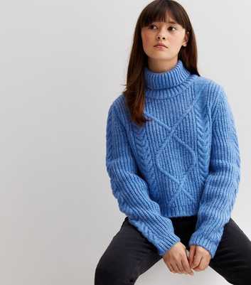 Girls Blue Cable Knit Roll Neck Jumper